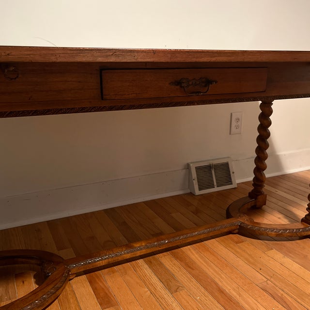 English Vintage Expandable Barley Twist Dining Library Hunt Table With Drawer 64" Long For Sale - Image 3 of 12