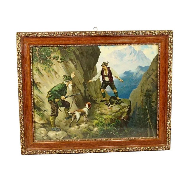 Antique Oil Print with Dramatic Poacher Scene after Josef Ringeisen A colorful oil print depicting a dramatic poaching...
