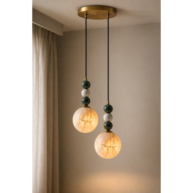 Not Yet Made - Made To Order Handcrafted Brass 2-Light Pendant With Natural Alabaster Globe Shades, Dining & Kitchen Island Light For Sale - Image 5 of 7