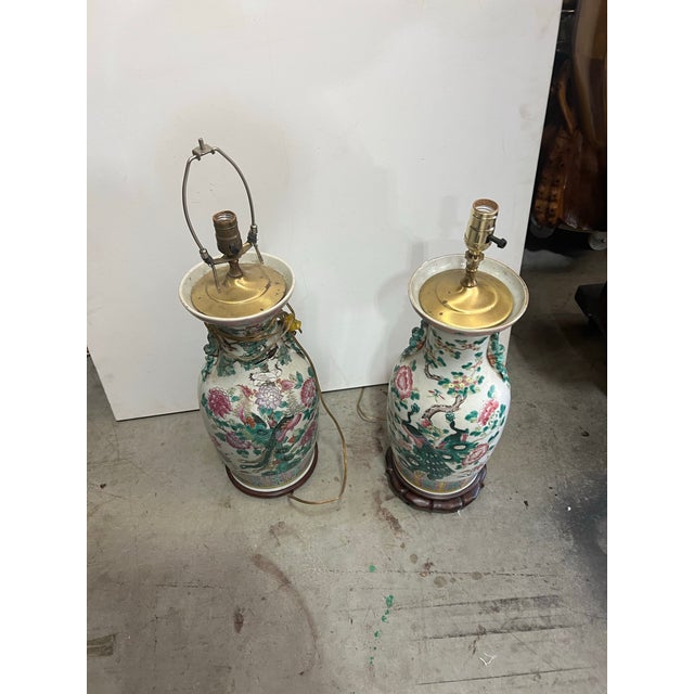 1970s Asian Style Floral Ceramic Table Lamps With Wooden Base - a Pair For Sale In Atlanta - Image 6 of 6