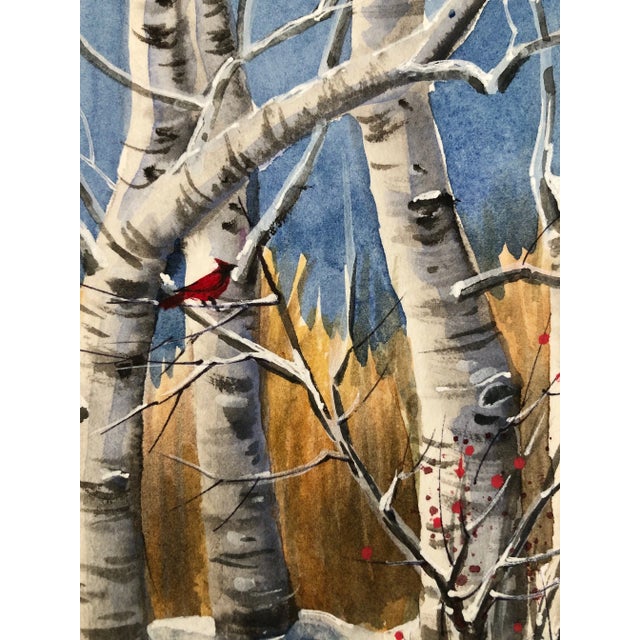 Realism Birch Trees Red Cardinal Original Watercolor Painting For Sale - Image 3 of 4