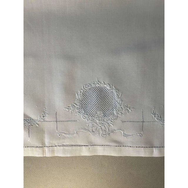 Asian Antique Vintage Heirloom Linen Guest Towel with Hand Drawn Thread Medallion and Blue Embroidery, Single European Fingertip Towel For Sale - Image 3 of 10