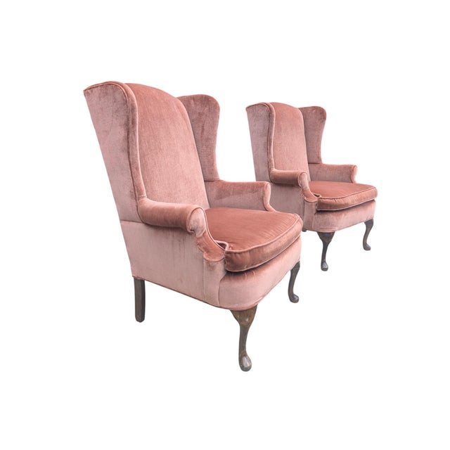 Mid 20th Century Rose Gold Pink Crushed Velvet Wingback Chairs- A Pair For Sale In Charlotte - Image 6 of 18