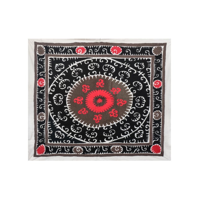 Black Mid-19th Century Black Suzani Textile Art 4'8" X 5' For Sale - Image 8 of 8