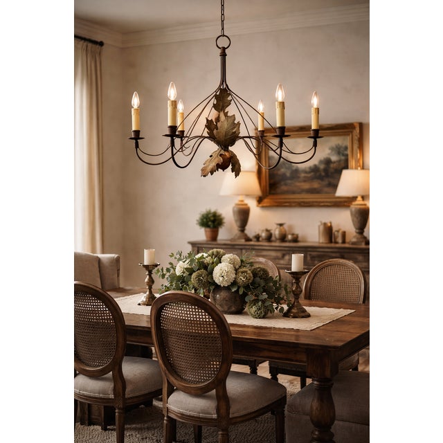 Traditional Mid-Century Arts & Crafts Bill Huebbe Wrought Iron Leaf & Acorn 6 Arm Chandelier For Sale - Image 3 of 5