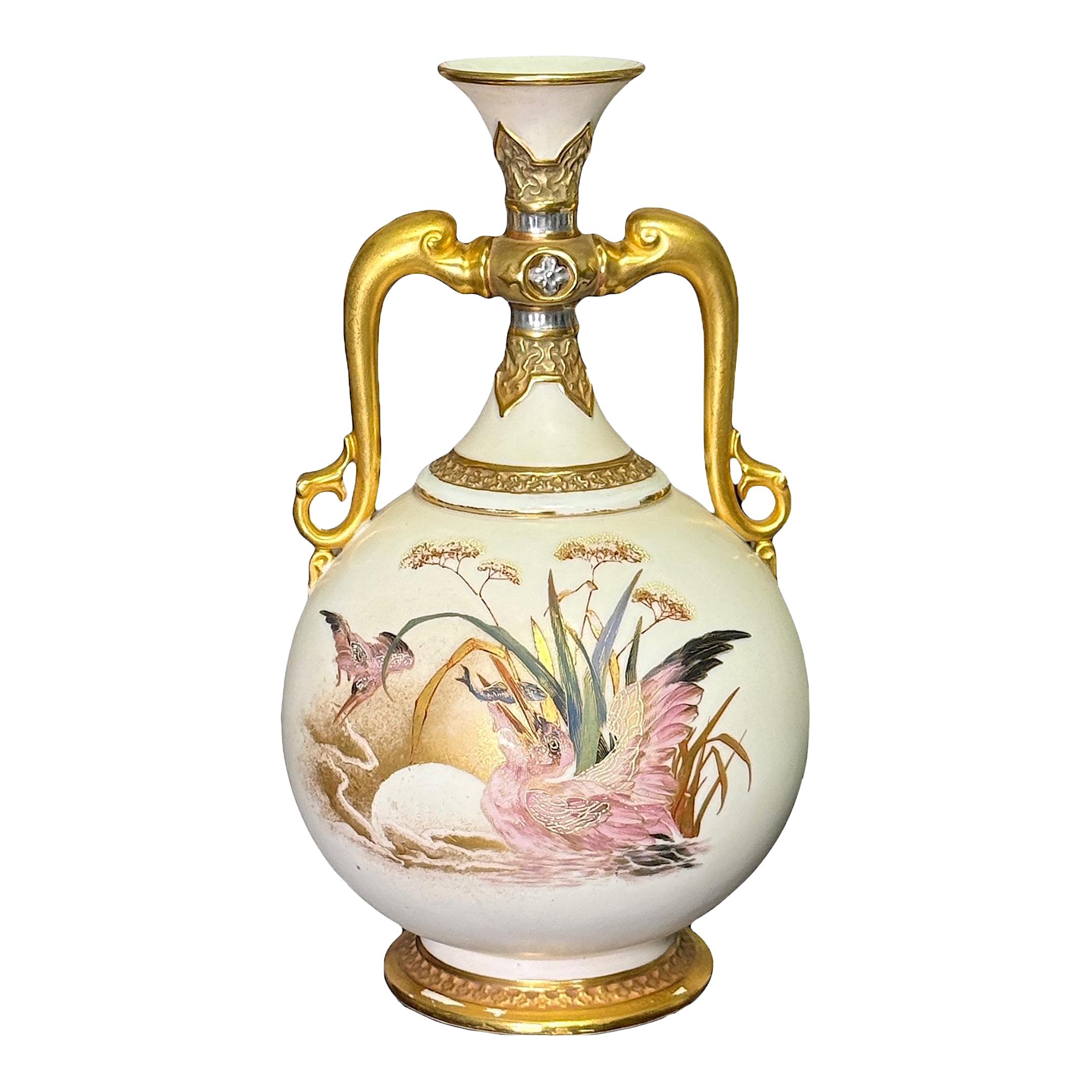 Antique Royal Worcester Porcelain Twin Dolphin Handle Gilded Vase