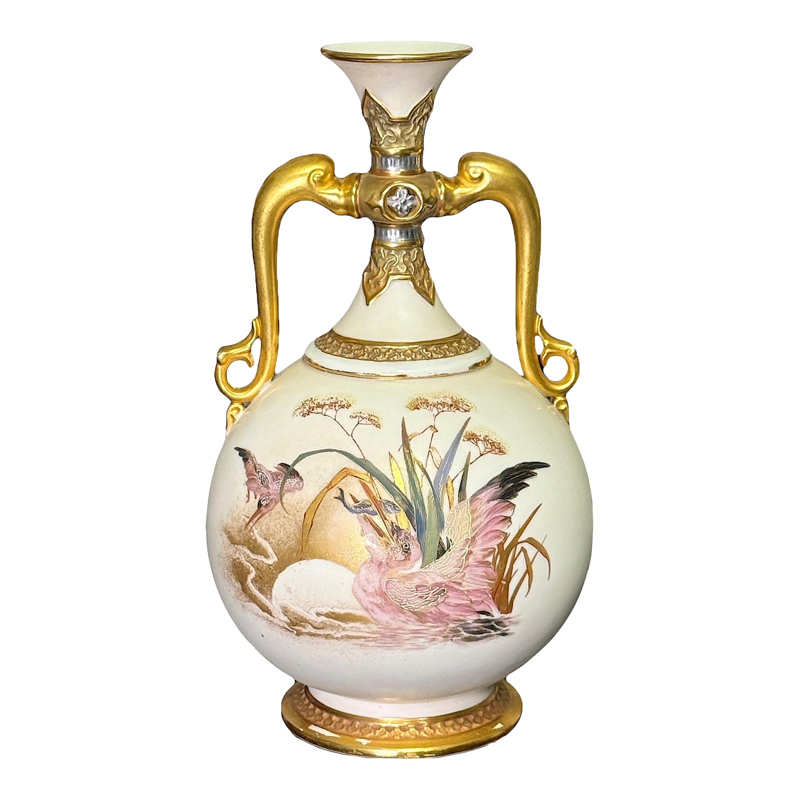 Antique Royal Worcester Porcelain Twin Dolphin Handle Gilded Vase