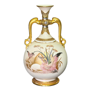 Antique Royal Worcester Porcelain Twin Dolphin Handle Gilded Vase With Pink Pelicans, 1884 #871 Aesthetic Movement