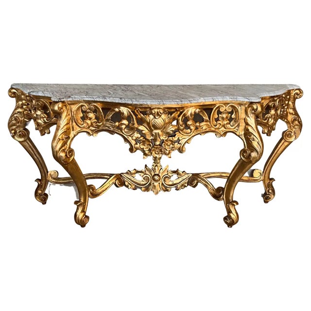 Spanish 19th Baroque Carved & Gilted Walnut Ormolu and Marble Console Table For Sale - Image 13 of 13