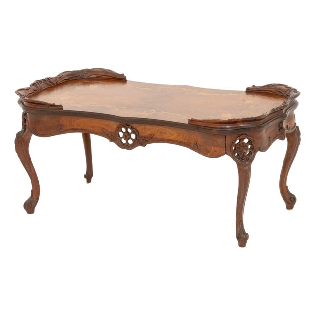 Rococo Style Marquetry Inlaid Walnut Coffee Table For Sale