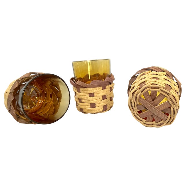 Vintage Amber Glass Pitcher & Six Tumblers With Woven Wicker Sleeves, Set of 7 For Sale In Jacksonville, FL - Image 6 of 9