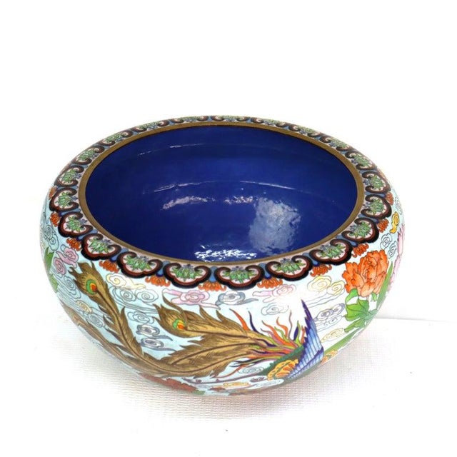 Chinese Oversized Vintage Chinese Cloisonne Enameled Bowl With Floral & Pheasants 20thC For Sale - Image 3 of 11