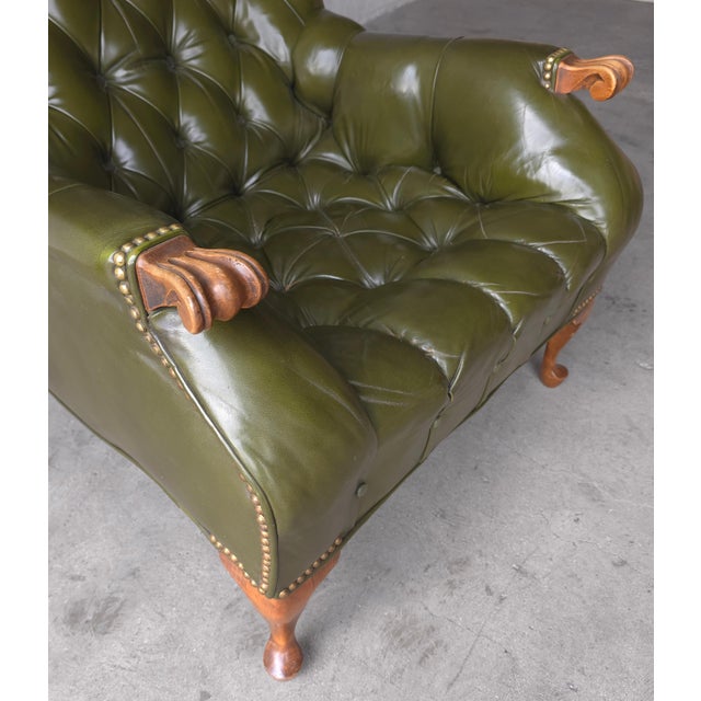 Green Vintage Green Tufted Leather Sleepy Hollow Chair and Ottoman For Sale - Image 8 of 12