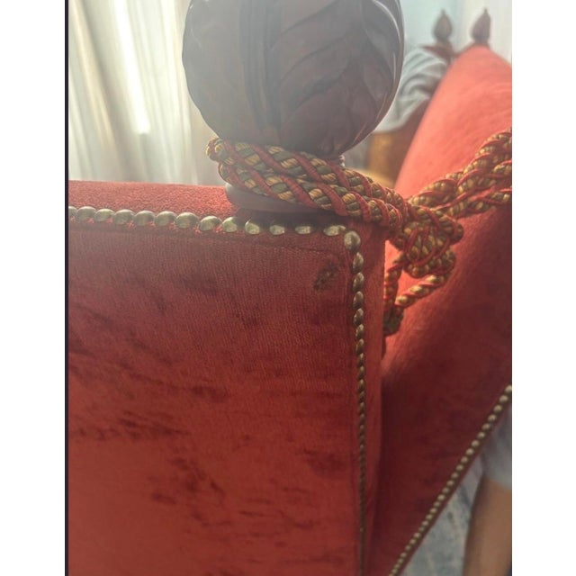 Vintage Rust Red Wingback Settee Sofa With Nailhead Trim & Carved Finials For Sale - Image 9 of 12