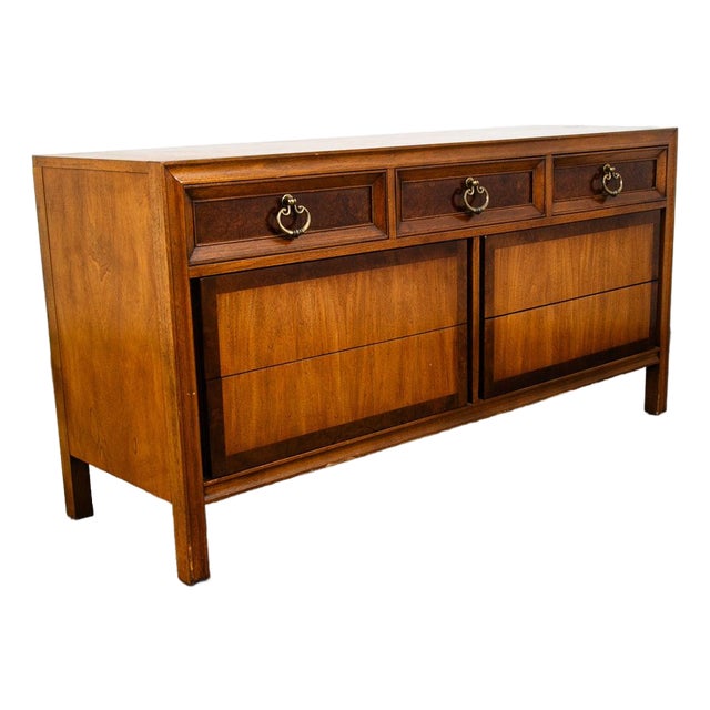 Mid Century Modern Dresser Credenza 7 Drawer Basic Witz Wood Vintage MCM Brass For Sale