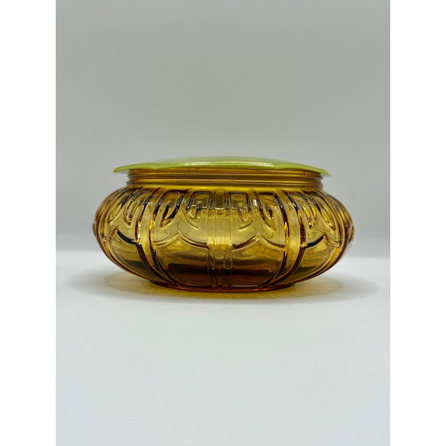 Mid-Century Modern Vintage Amber Glass Vanity Jar With Green Bakelite Style Lid For Sale - Image 3 of 5