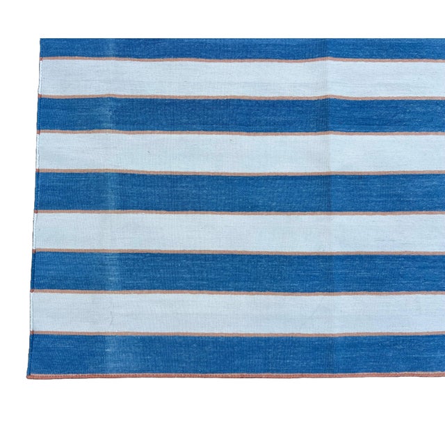 Handmade Cotton Striped Rug, Blue, White and Orange Striped Dhurrie - 10'x14' For Sale - Image 10 of 10