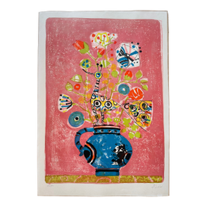 1960s Paul Aizpiri Lithograph of a Bouquet of Flowers With a Bird