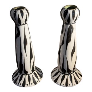 Vintage Evandale Pair 9” Porcelain Handpainted Black/White Noble Signed Candleholders-Pair For Sale