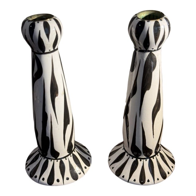 Vintage Evandale Pair 9” Porcelain Handpainted Black/White Noble Signed Candleholders-Pair For Sale