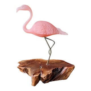 Vintage 1970s Flamingo Bird on Driftwood Sculpture For Sale
