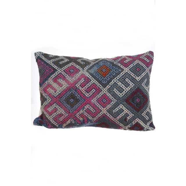 Embroidered Pink & Blue Kilim Pillow For Sale - Image 4 of 4