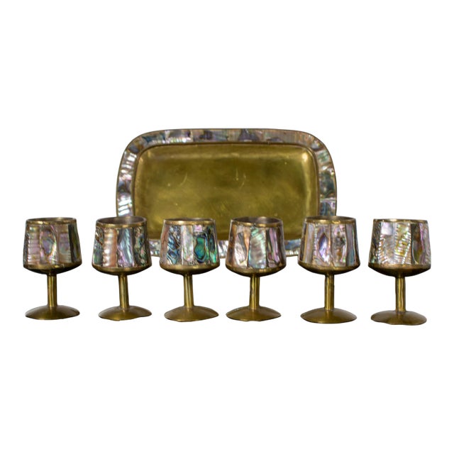 Mid-20th Century MCM 6 Cordial Stemmed Shots and Tray Set Abalone and Brass From Taxco Mexico For Sale