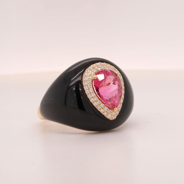 2.72ct Pear Tourmaline, Diamond and Onyx in 14ct Yellow Gold - Fei Liu, Size 7.5 For Sale - Image 9 of 11
