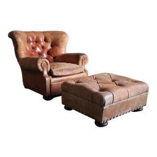 Ralph Lauren Vintage Distressed Writer's Chair and Ottoman For Sale