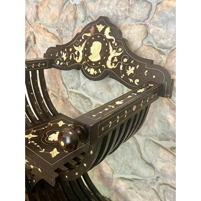 19th-Century Antique Italian Renaissance Revival Inlaid Bone Savonarola Chair For Sale - Image 14 of 18