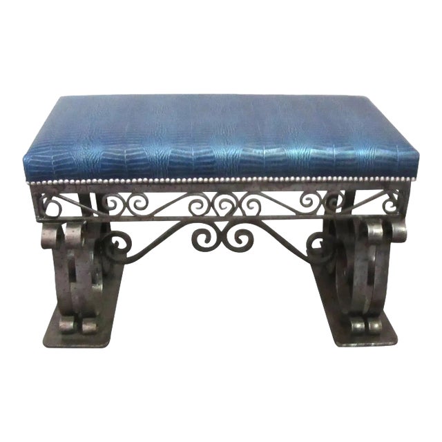 1930s French Art Deco Iron Bench With Faux Alligator Metallic Cobalt Blue Leather Upholstery For Sale
