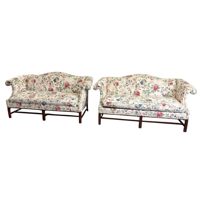 Vintage Hickory Chair Chinese Chippendale camelback sofas. A pair! The sofas have the original chinoiseie floral Lee Jofa...