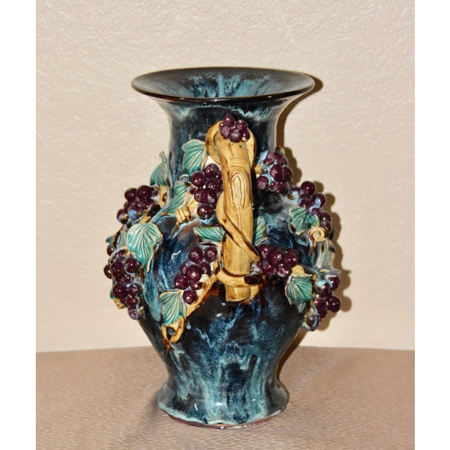 Rare 19th century - beautiful large handled majolica vase decorated with leaves, vines and grapes in deep rich gold,...