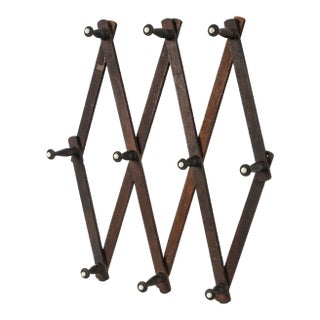 Antique Accordion Peg Holder With Porcelain Caps | Wall Mount Early 1900's Expandable Peg Rack For Sale