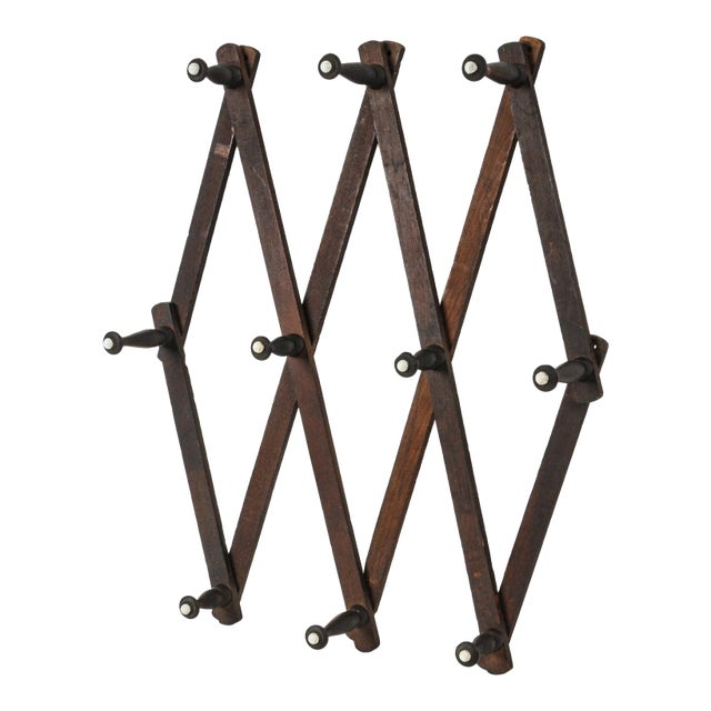 Antique Accordion Peg Holder With Porcelain Caps | Wall Mount Early 1900's Expandable Peg Rack For Sale
