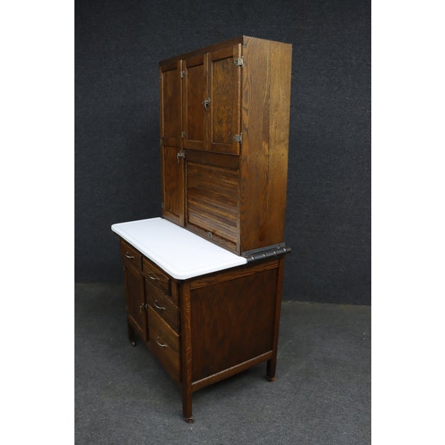 Brown Rare Antique Oak Hoosier Cabinet With Porcelain Work Surface For Sale - Image 8 of 10