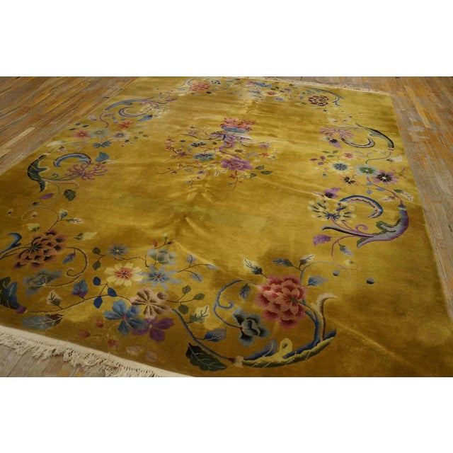 Art Deco 1920s Yellow Gold Floral Vase Antique Chinese Art Deco Carpet 8'8" X 11'4" Knotted Wool Rug For Sale - Image 3 of 12