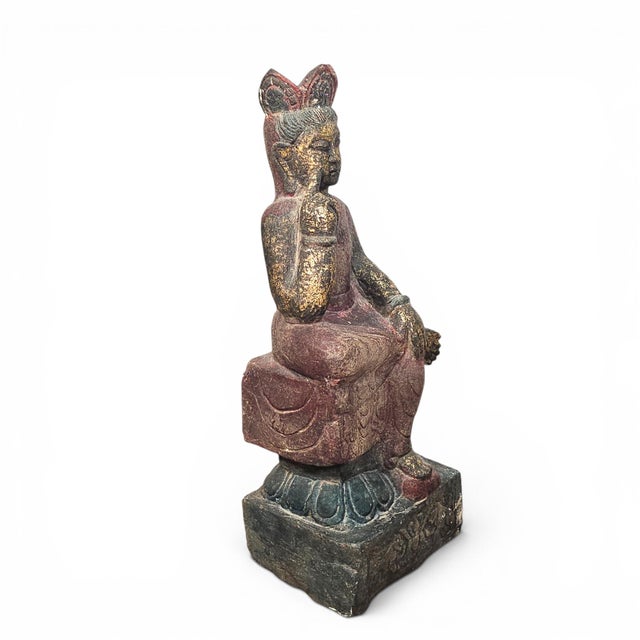 Asian Polychrome Seated Bodhisattva Sculpture on Lotus Base 23" For Sale - Image 9 of 17
