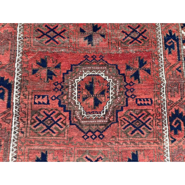 Antique Afghan Baluchi Rug With Geometric Tribal Medallion Design in Terracotta and Navy Rug For Sale - Image 11 of 11