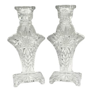 Vintage Pressed Glass Starburst Pinwheel Pattern Candle Holders - A Pair For Sale