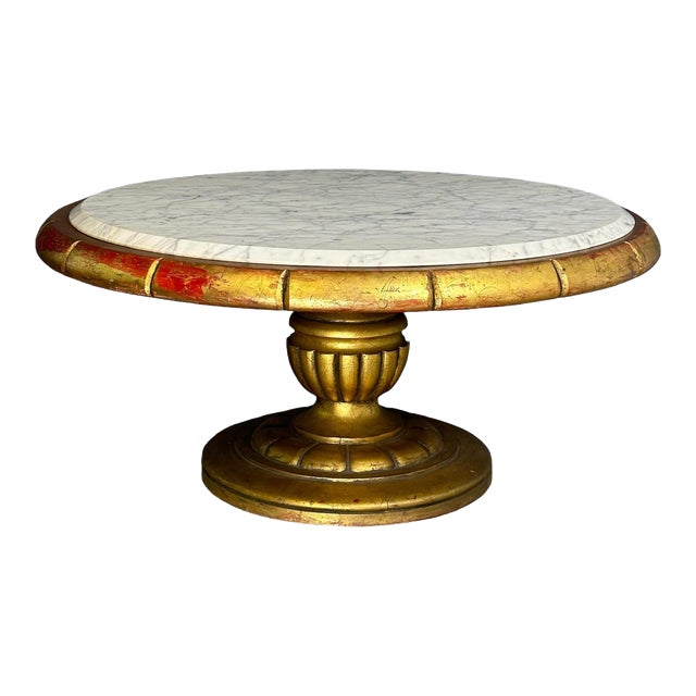 1970s Hollywood Regency Round Cocktail Table in Gold & Marble in Style of James Mont For Sale