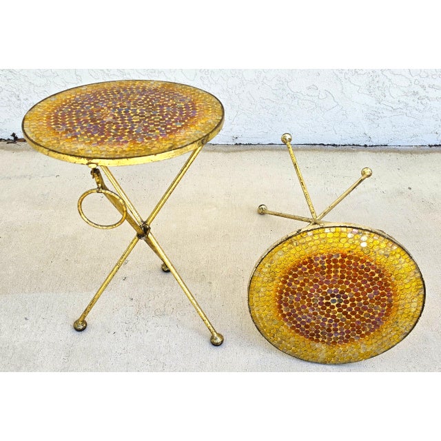Italian Gold Gilt Folding Mosaic Side Drink Tables 1960s Pair For Sale In Miami - Image 6 of 16