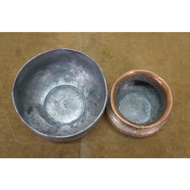 Mid 20th Century Vintage Middle Eastern Persian Etched Copper Covered Vessel & Open Pot For Sale - Image 5 of 14