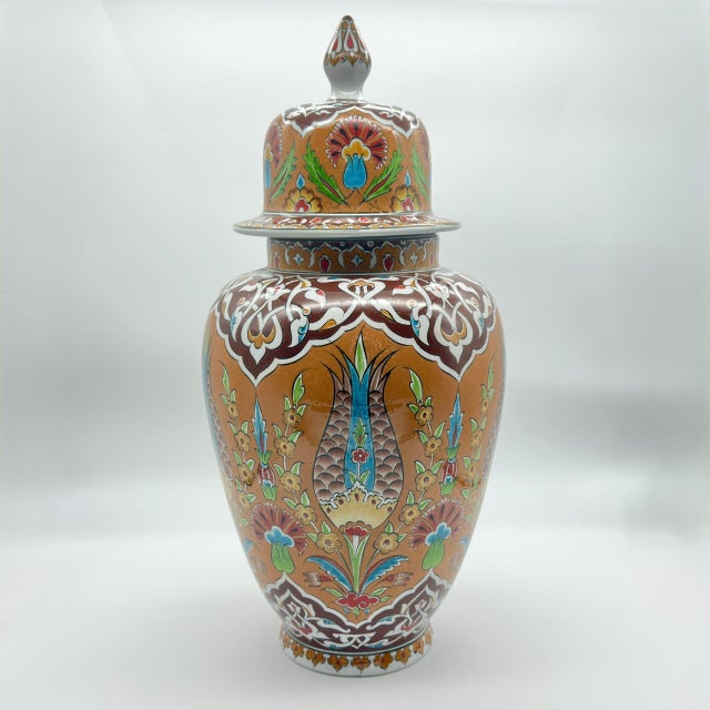 Ceramic Handmade Ceramic “Shah” Ginger Jar (30cm) – Rare Amber/Orange Ground & Cypress – Traditional Lidded Decor For Sale - Image 7 of 9