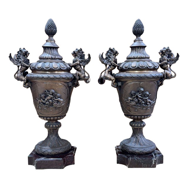 Napoleon III Covered Vases in Spelter with Marble Bases, Set of 2 For Sale