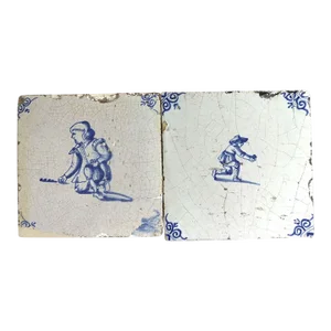 Set Two 19th Century Dutch Delft Baroque Style Blue and White Pottery Square Figural Tiles