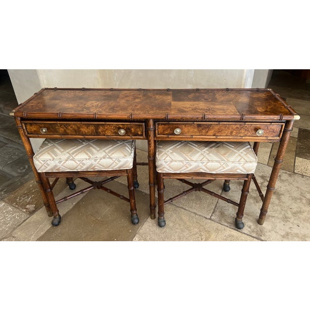 Mid-Century Modern Hekman Burl Wood, Faux Bamboo Console With Nesting Stools & Brass Accents For Sale - Image 3 of 14
