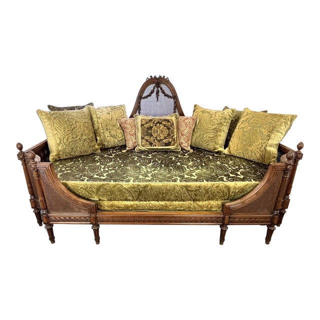 Antique French Cane Daybed With Carved Roses and Velvet Upholstery For Sale
