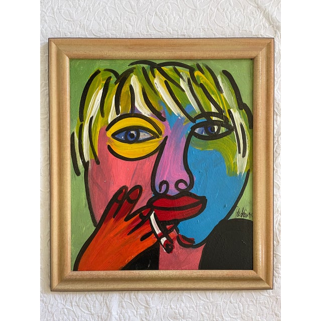 Paint 1970s “Dreaming Andy Warhol” Cubist Style Abstract Face Acrylic Painting by Peter Keil, Framed For Sale - Image 7 of 7