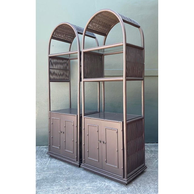 Wood Vintage Arched Rattan Etagere - A Pair For Sale - Image 7 of 12